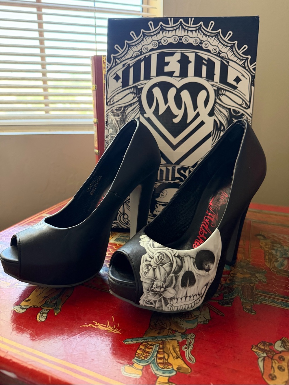 RARE Metal Mulisha Heartless Black Peep-Toe Platform Pumps w/ White Skull Detail